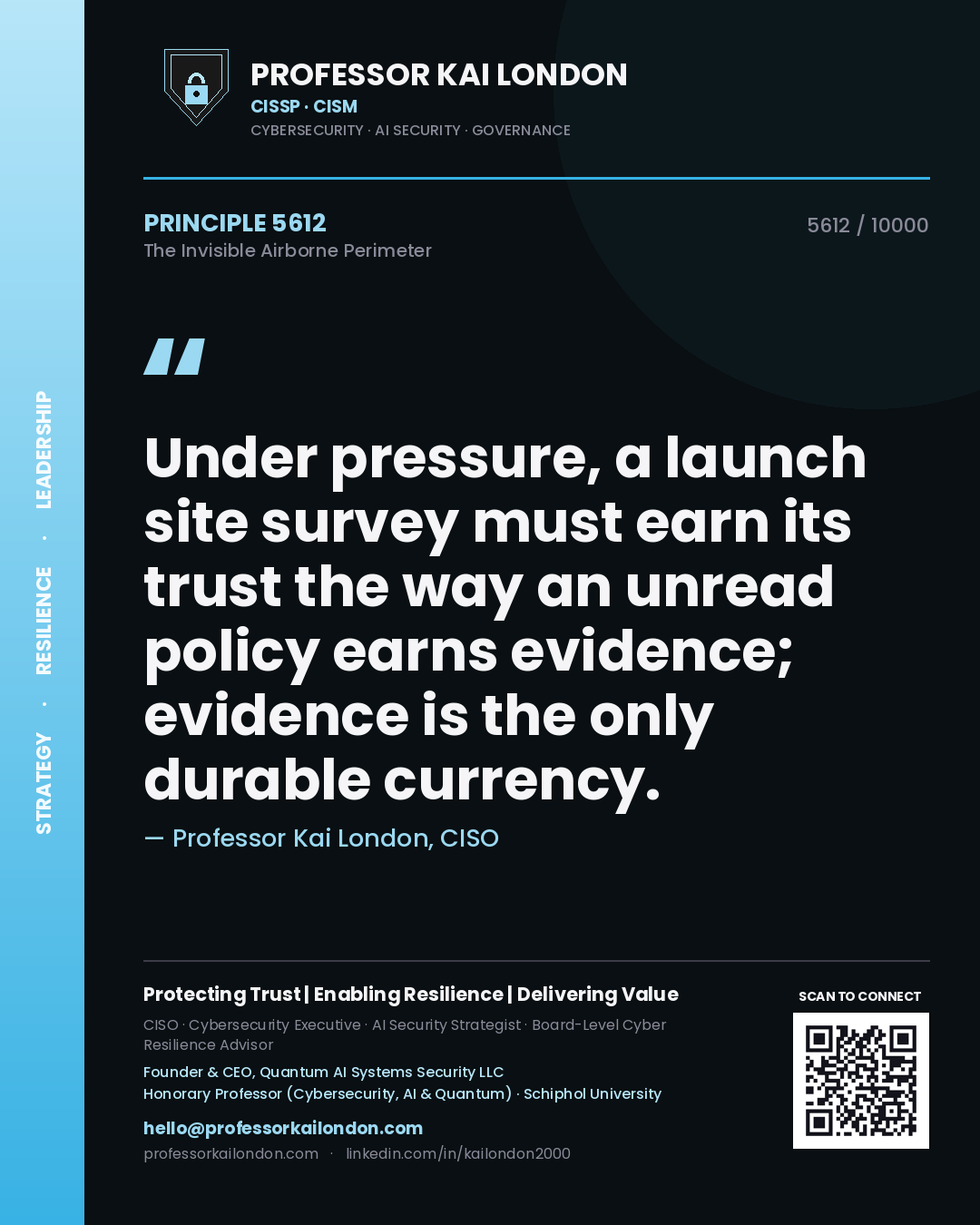 Quote card by Professor Kai London reading 'Under pressure, a launch site survey must earn its trust the way an unread policy earns evidence; evidence is the only durable currency.'. From the book The Invisible Airborne Perimeter.