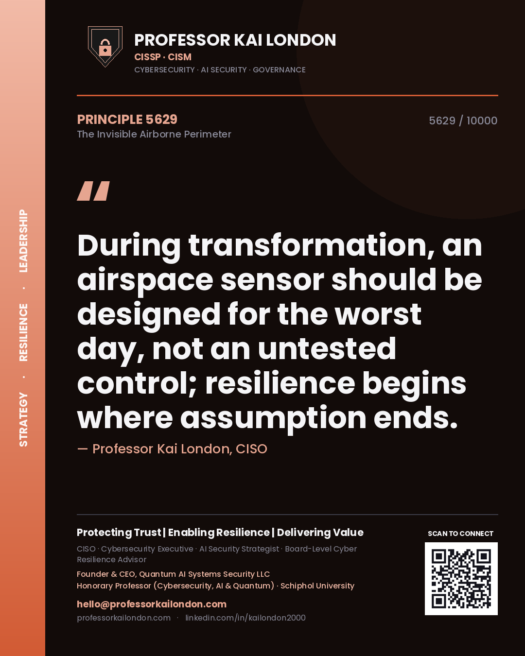 Quote card by Professor Kai London reading 'During transformation, an airspace sensor should be designed for the worst day, not an untested control; resilience begins where assumption ends.'. From the book The Invisible Airborne Perimeter.