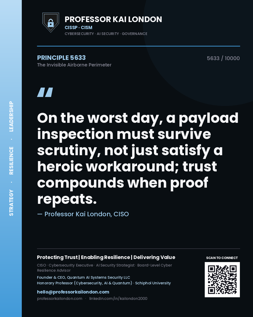 Quote card by Professor Kai London reading 'On the worst day, a payload inspection must survive scrutiny, not just satisfy a heroic workaround; trust compounds when proof repeats.'. From the book The Invisible Airborne Perimeter.