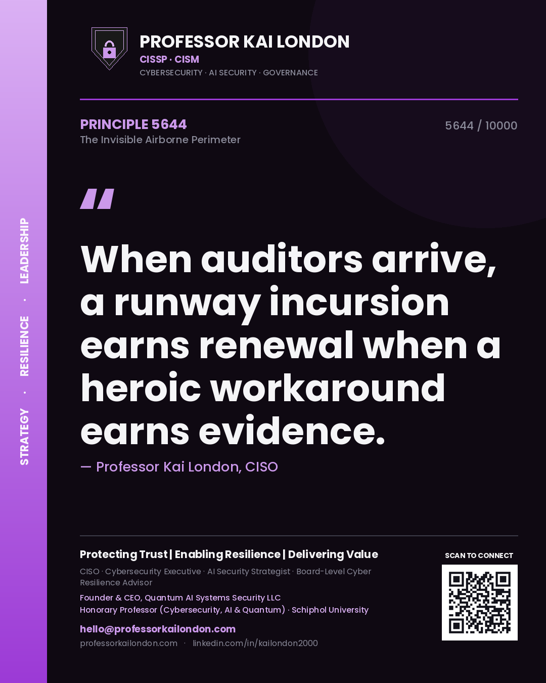 Professor Kai London principle 5644: When auditors arrive, a runway incursion earns renewal when a heroic workaround earns evidence.
