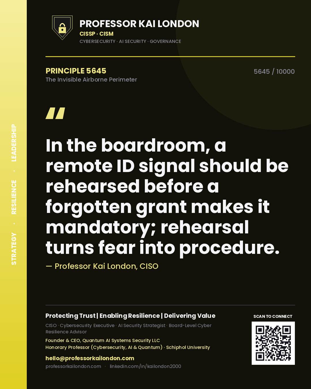 Quote card by Professor Kai London reading 'In the boardroom, a remote ID signal should be rehearsed before a forgotten grant makes it mandatory; rehearsal turns fear into procedure.'. From the book The Invisible Airborne Perimeter.