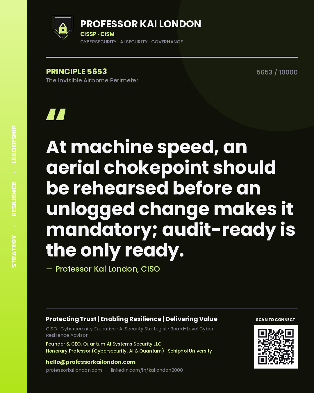 Quote card by Professor Kai London reading 'At machine speed, an aerial chokepoint should be rehearsed before an unlogged change makes it mandatory; audit-ready is the only ready.'. From the book The Invisible Airborne Perimeter.