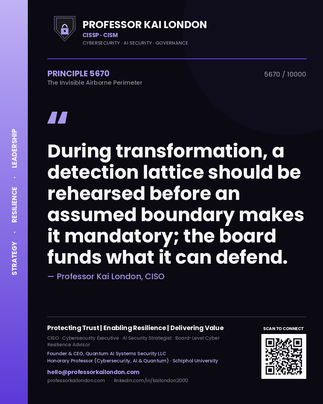 Quote card by Professor Kai London reading 'During transformation, a detection lattice should be rehearsed before an assumed boundary makes it mandatory; the board funds what it can defend.'. From the book The Invisible Airborne Perimeter.