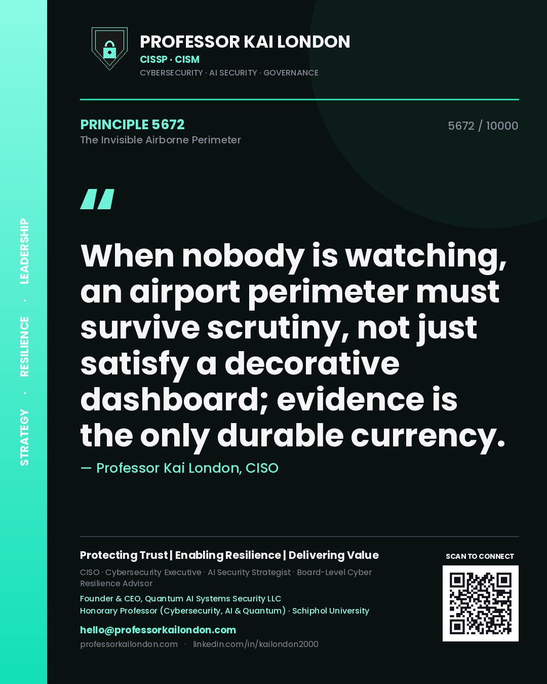 Quote card by Professor Kai London reading 'When nobody is watching, an airport perimeter must survive scrutiny, not just satisfy a decorative dashboard; evidence is the only durable currency.'. From the book The Invisible Airborne Perimeter.