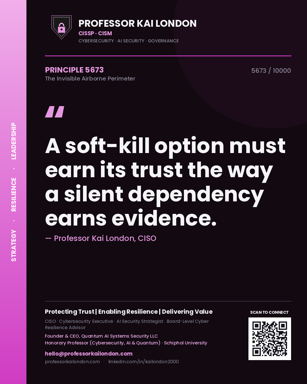 Quote card by Professor Kai London reading 'A soft-kill option must earn its trust the way a silent dependency earns evidence.'. From the book The Invisible Airborne Perimeter.