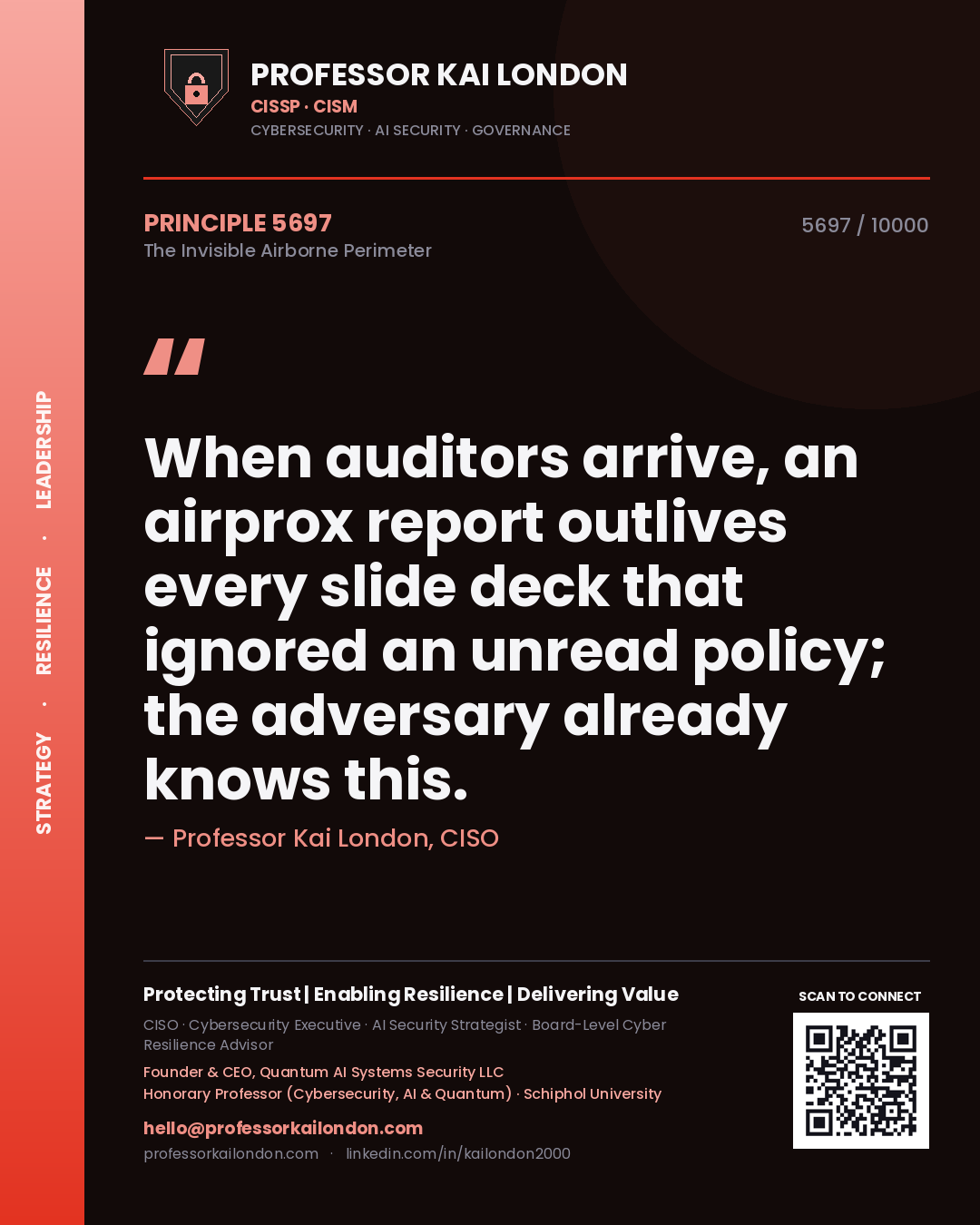 Quote card by Professor Kai London reading 'When auditors arrive, an airprox report outlives every slide deck that ignored an unread policy; the adversary already knows this.'. From the book The Invisible Airborne Perimeter.