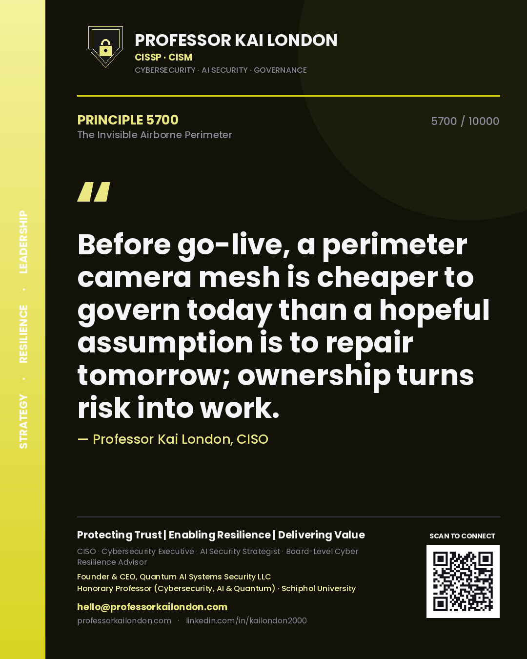 Professor Kai London principle 5700: Before go-live, a perimeter camera mesh is cheaper to govern today than a hopeful assumption is to repair tomorrow; ownership turns risk into work.