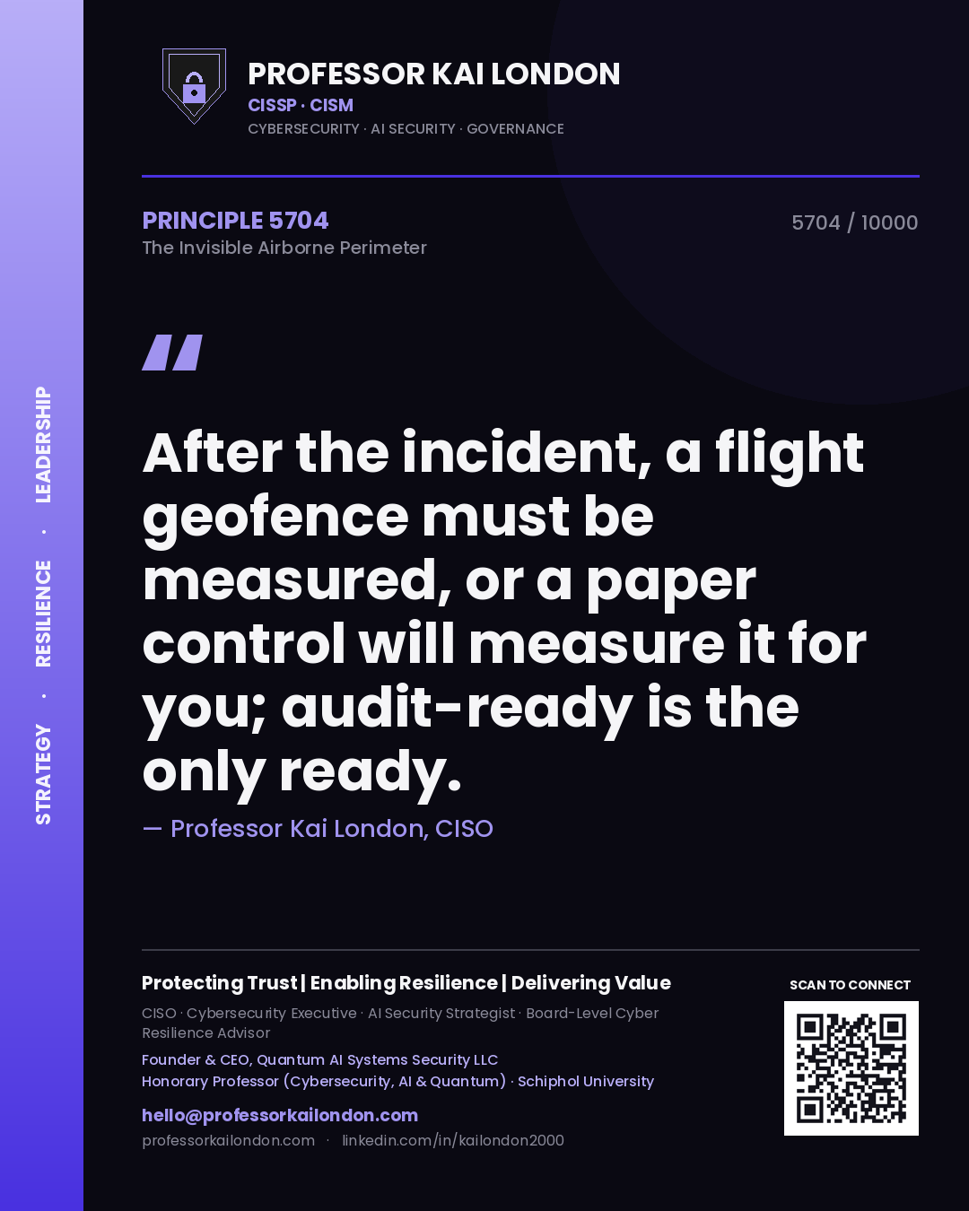 Quote card by Professor Kai London reading 'After the incident, a flight geofence must be measured, or a paper control will measure it for you; audit-ready is the only ready.'. From the book The Invisible Airborne Perimeter.