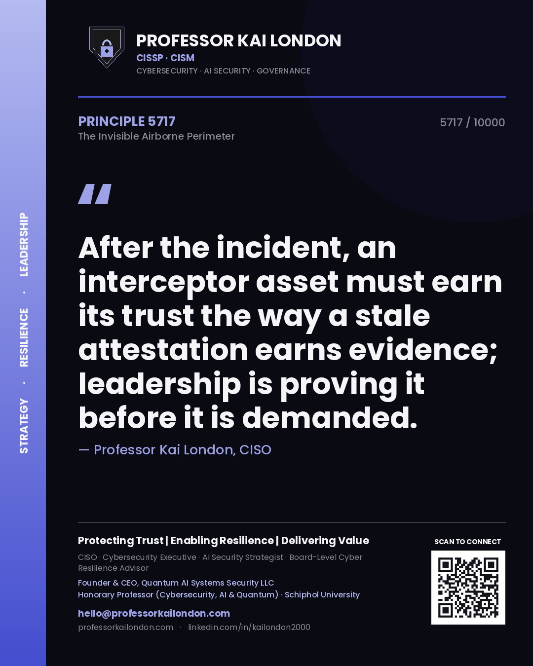 Quote card by Professor Kai London reading 'After the incident, an interceptor asset must earn its trust the way a stale attestation earns evidence; leadership is proving it before it is demanded.'. From the book The Invisible Airborne Perimeter.