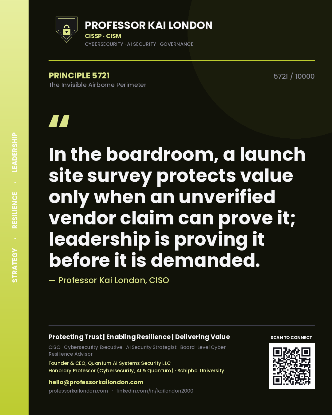 Professor Kai London principle 5721: In the boardroom, a launch site survey protects value only when an unverified vendor claim can prove it; leadership is proving it before it is demanded.