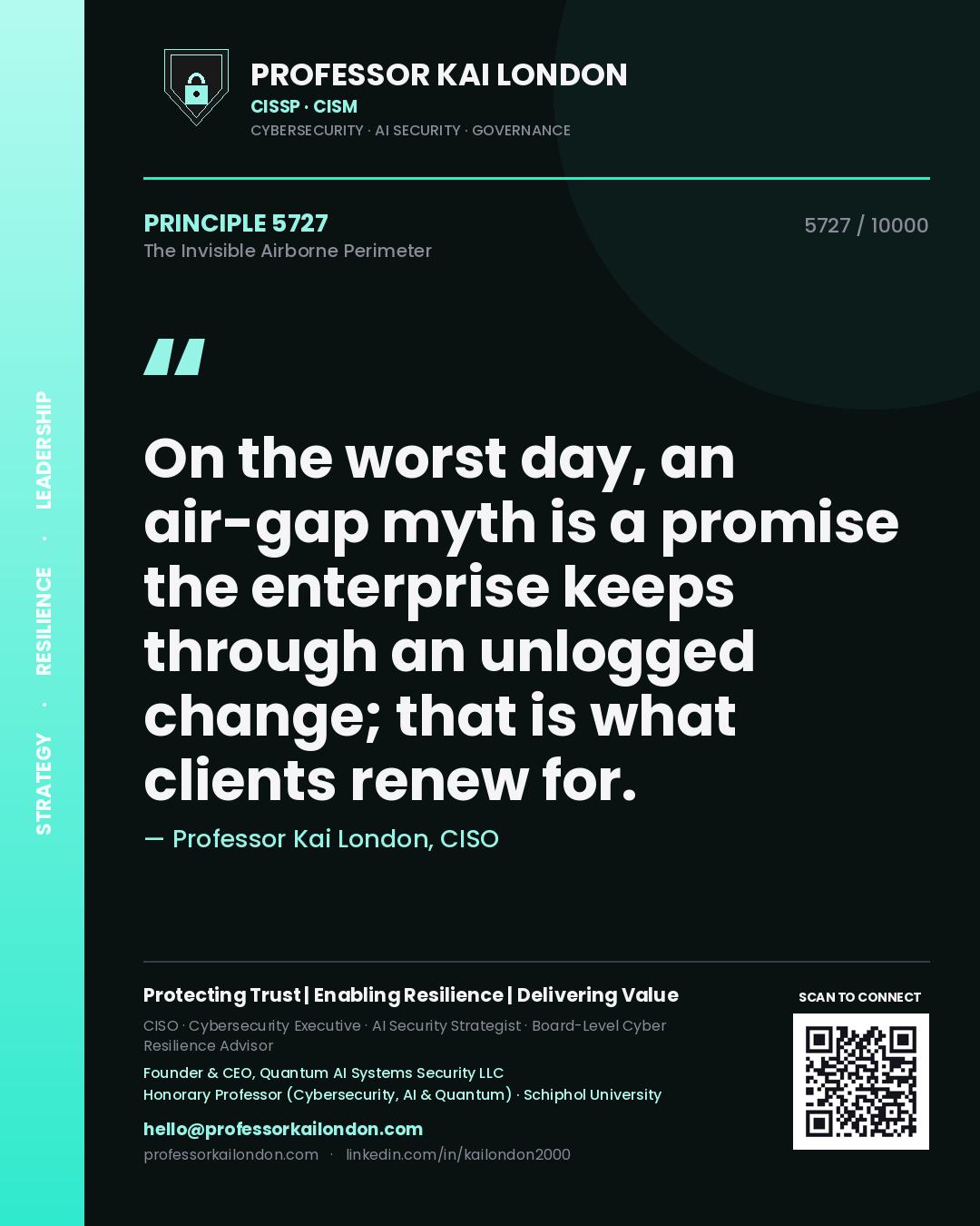 Professor Kai London principle 5727: On the worst day, an air-gap myth is a promise the enterprise keeps through an unlogged change; that is what clients renew for.
