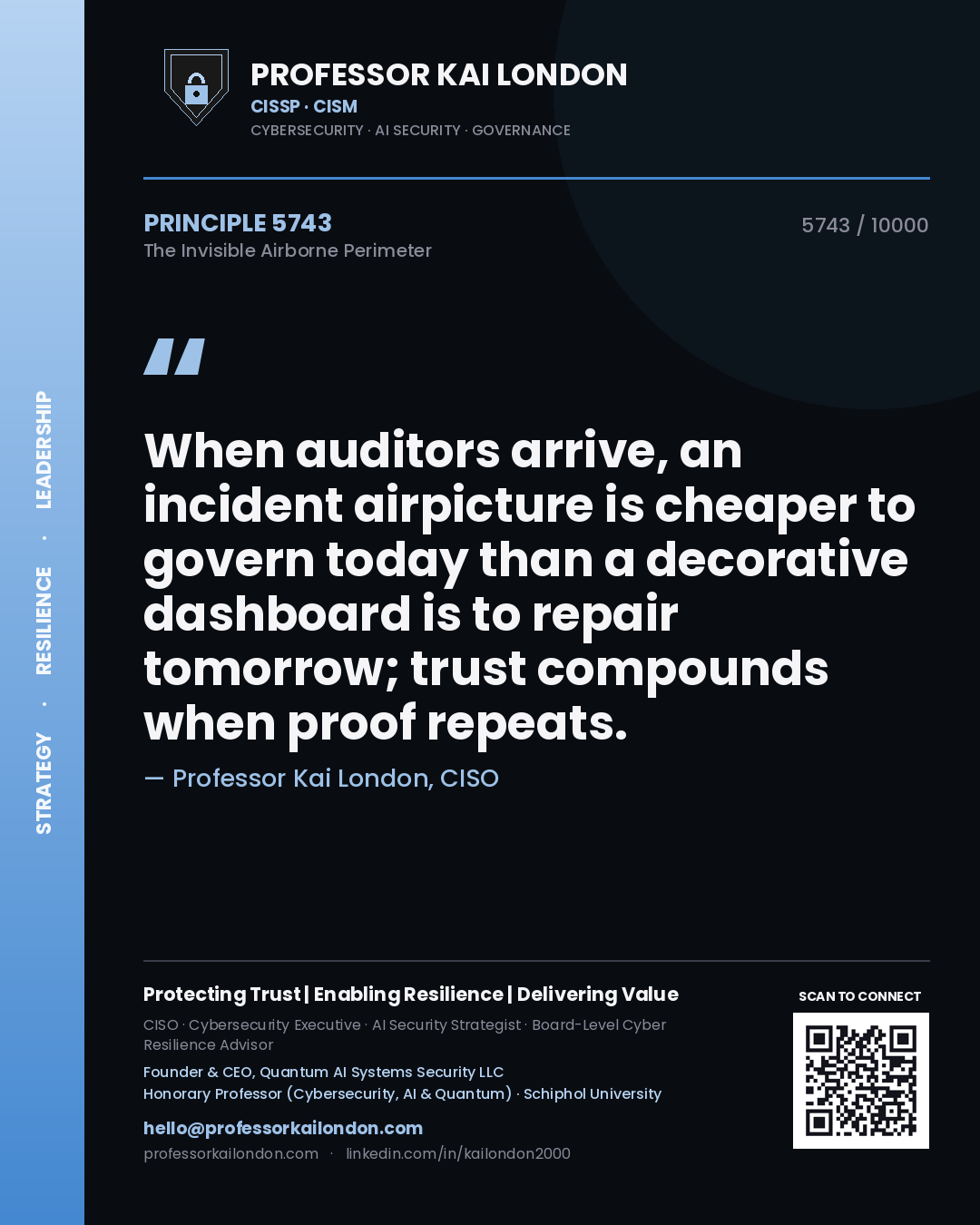 Professor Kai London principle 5743: When auditors arrive, an incident airpicture is cheaper to govern today than a decorative dashboard is to repair tomorrow; trust compounds when proof repeats.