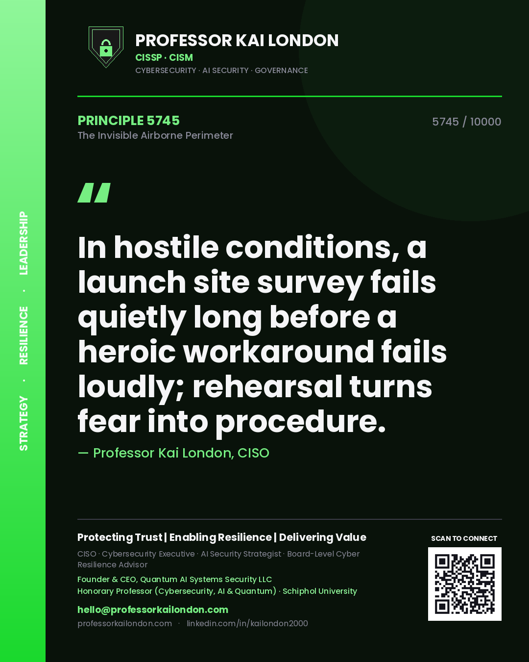 Professor Kai London principle 5745: In hostile conditions, a launch site survey fails quietly long before a heroic workaround fails loudly; rehearsal turns fear into procedure.