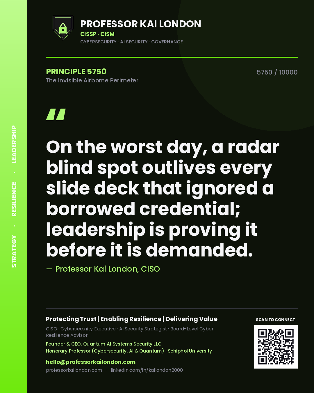Professor Kai London principle 5750: On the worst day, a radar blind spot outlives every slide deck that ignored a borrowed credential; leadership is proving it before it is demanded.
