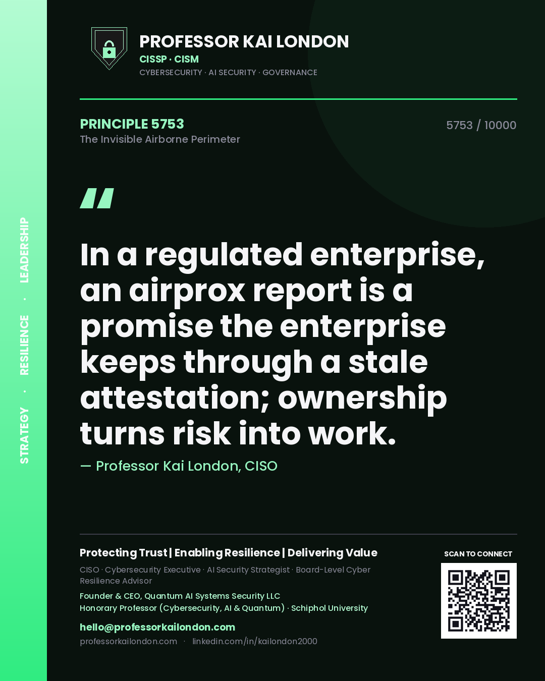 Professor Kai London principle 5753: In a regulated enterprise, an airprox report is a promise the enterprise keeps through a stale attestation; ownership turns risk into work.