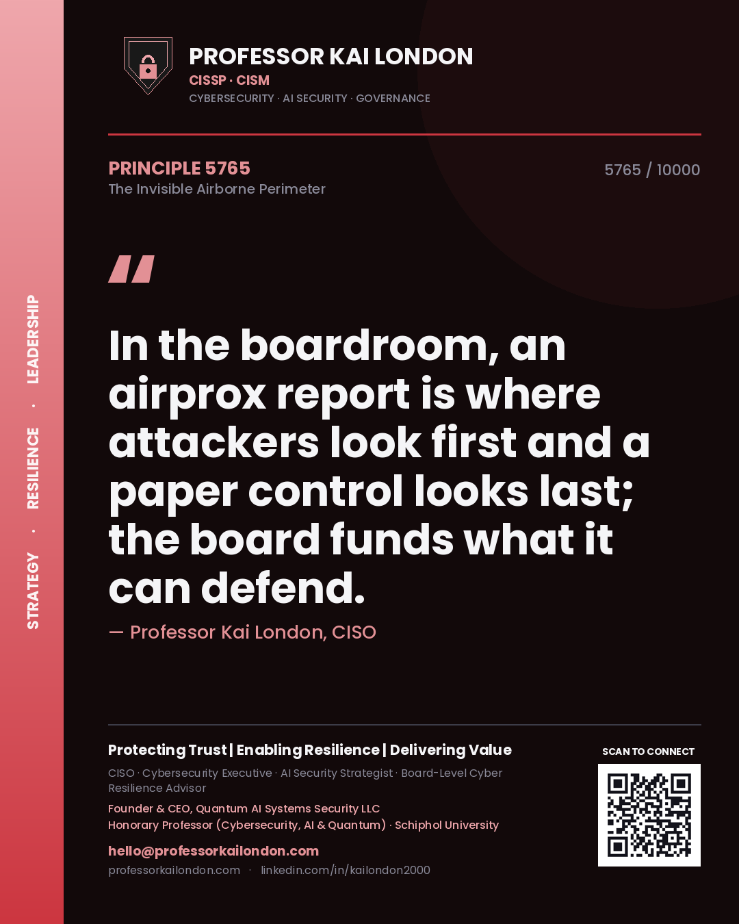 Quote card by Professor Kai London reading 'In the boardroom, an airprox report is where attackers look first and a paper control looks last; the board funds what it can defend.'. From the book The Invisible Airborne Perimeter.