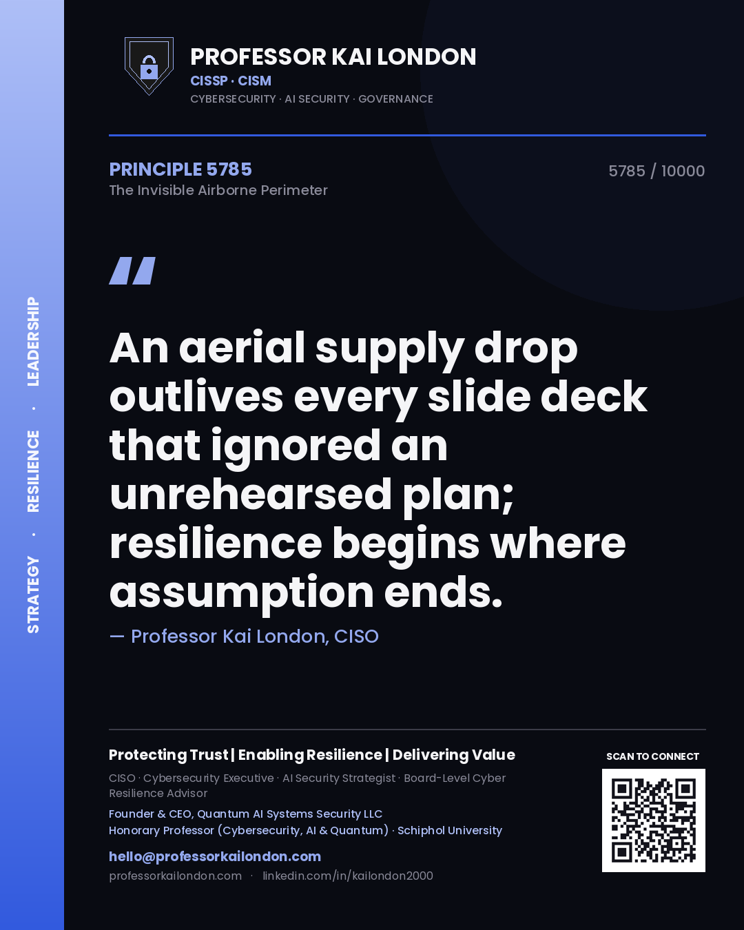 Professor Kai London principle 5785: An aerial supply drop outlives every slide deck that ignored an unrehearsed plan; resilience begins where assumption ends.