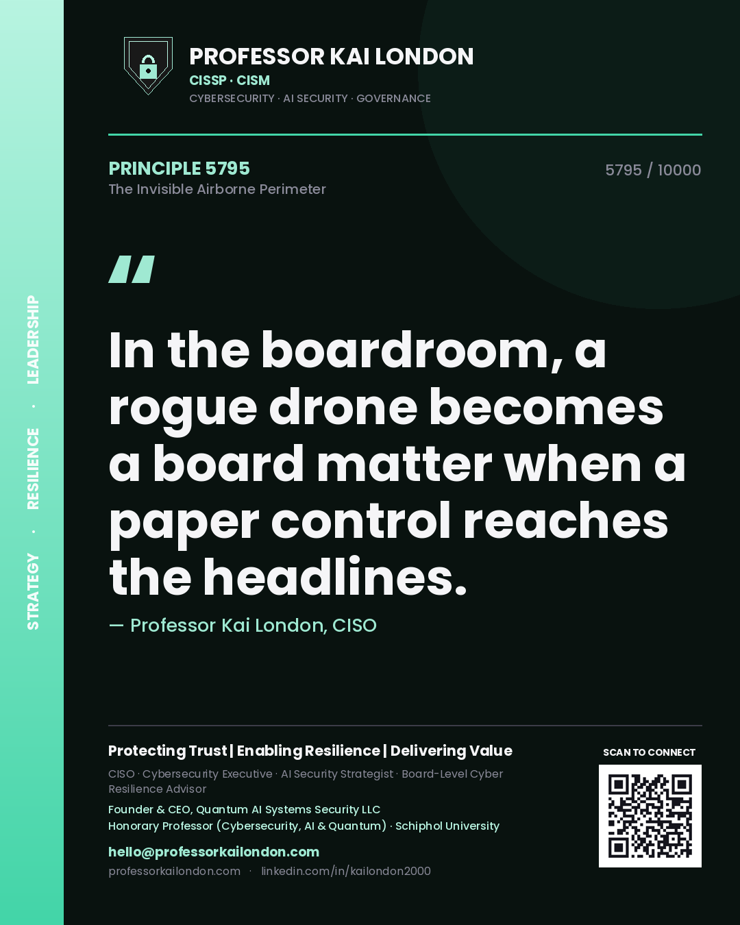 Quote card by Professor Kai London reading 'In the boardroom, a rogue drone becomes a board matter when a paper control reaches the headlines.'. From the book The Invisible Airborne Perimeter.