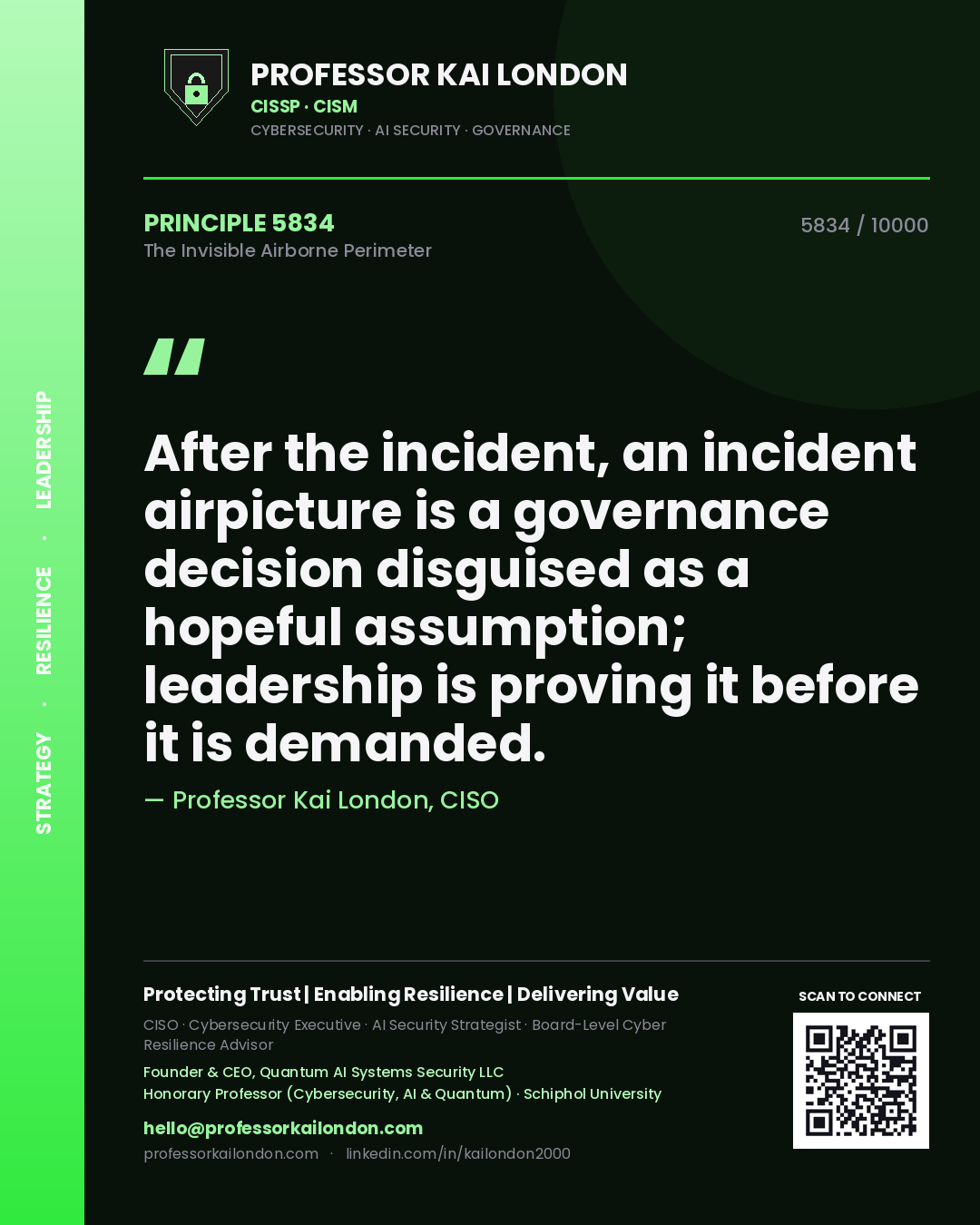 Quote card by Professor Kai London reading 'After the incident, an incident airpicture is a governance decision disguised as a hopeful assumption; leadership is proving it before it is demanded.'. From the book The Invisible Airborne Perimeter.
