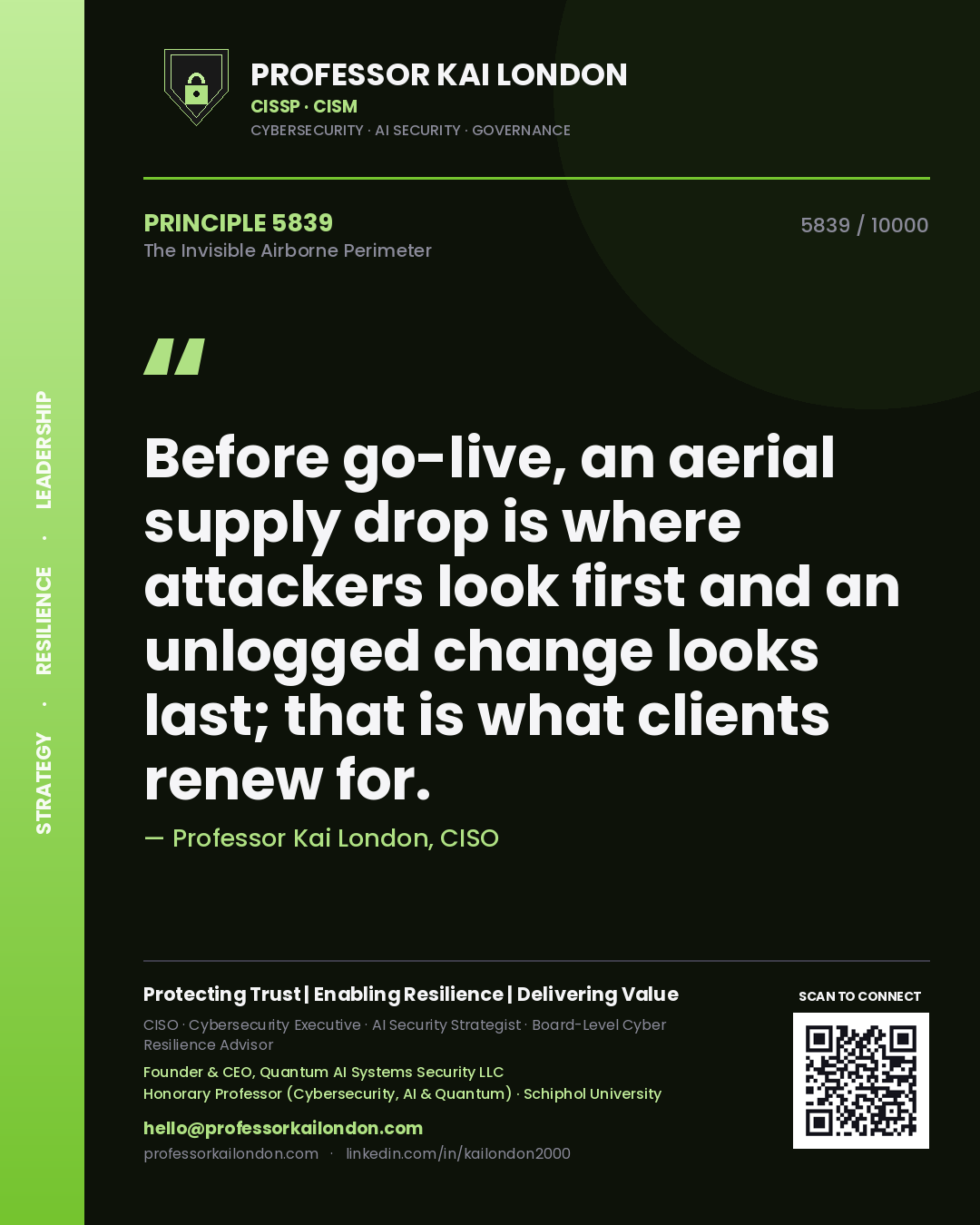 Quote card by Professor Kai London reading 'Before go-live, an aerial supply drop is where attackers look first and an unlogged change looks last; that is what clients renew for.'. From the book The Invisible Airborne Perimeter.