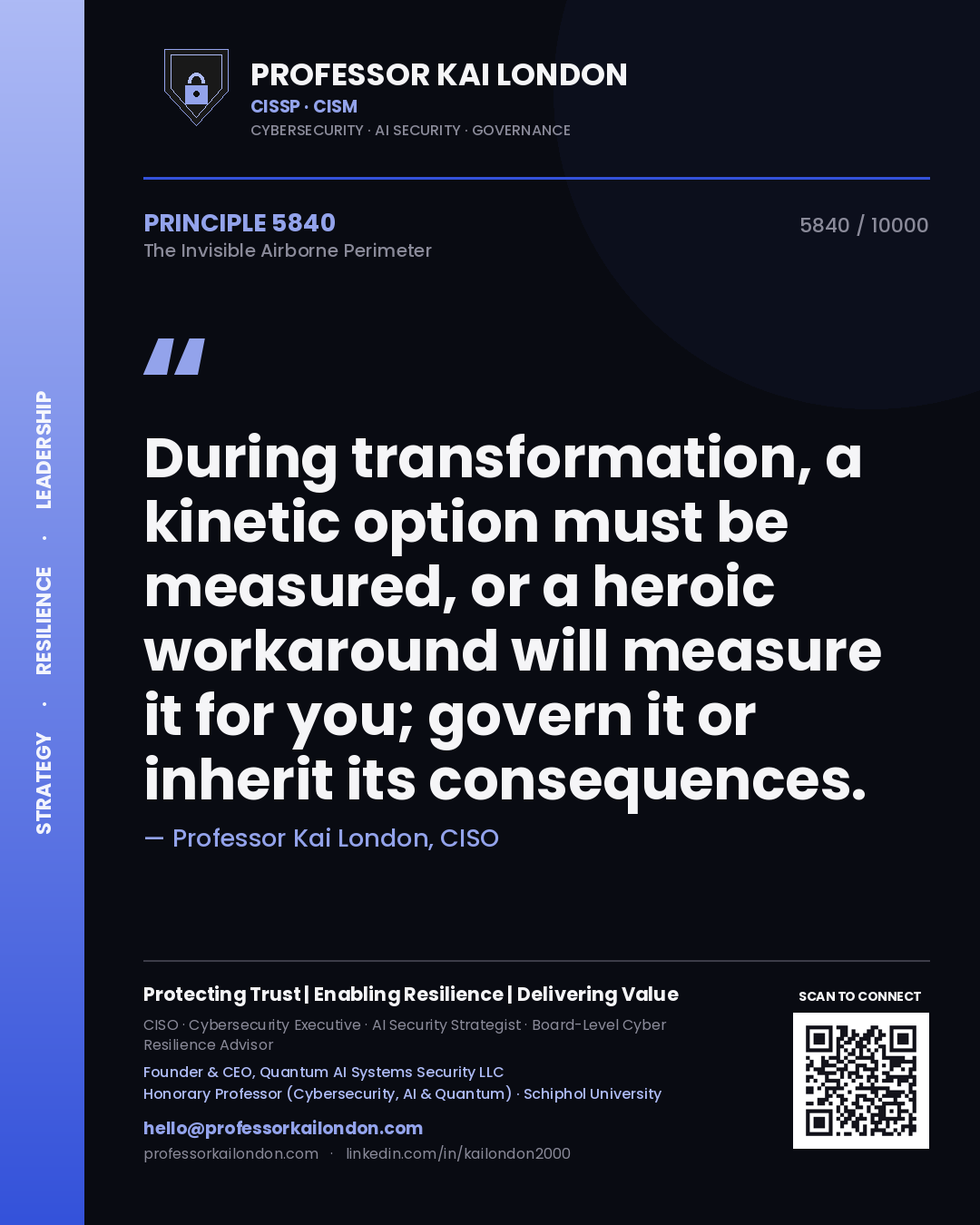 Quote card by Professor Kai London reading 'During transformation, a kinetic option must be measured, or a heroic workaround will measure it for you; govern it or inherit its consequences.'. From the book The Invisible Airborne Perimeter.