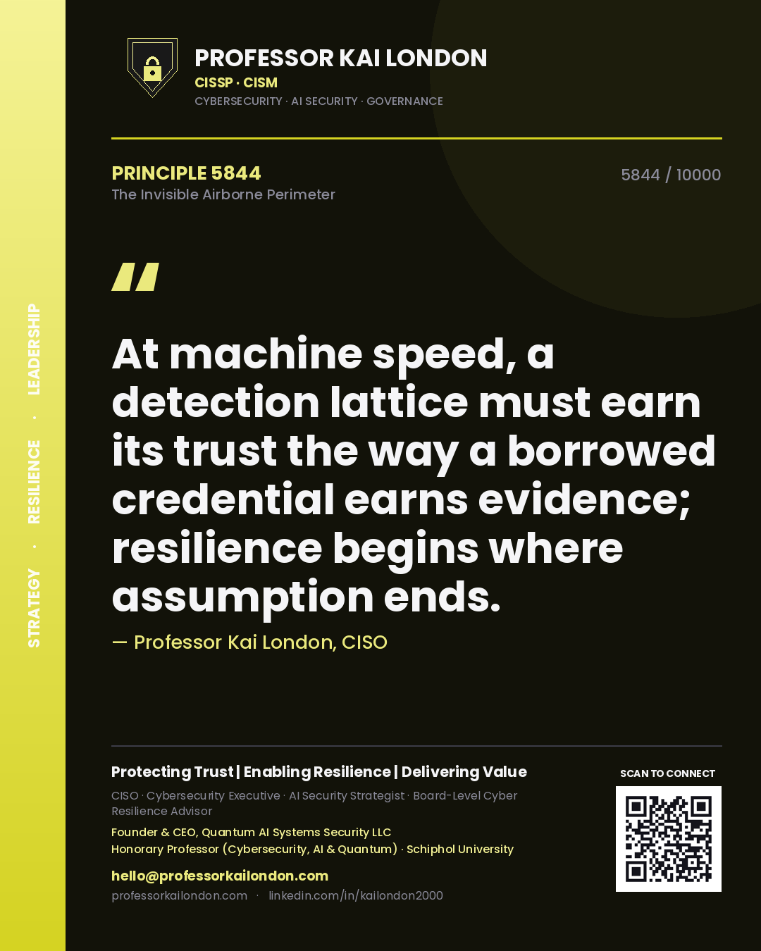 Quote card by Professor Kai London reading 'At machine speed, a detection lattice must earn its trust the way a borrowed credential earns evidence; resilience begins where assumption ends.'. From the book The Invisible Airborne Perimeter.