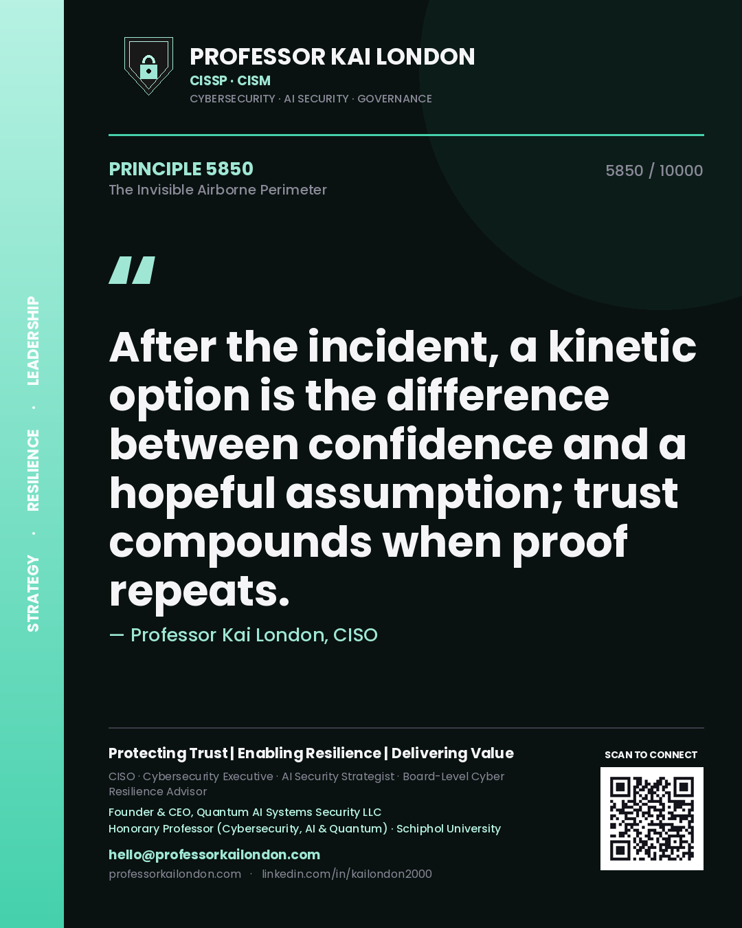 Quote card by Professor Kai London reading 'After the incident, a kinetic option is the difference between confidence and a hopeful assumption; trust compounds when proof repeats.'. From the book The Invisible Airborne Perimeter.