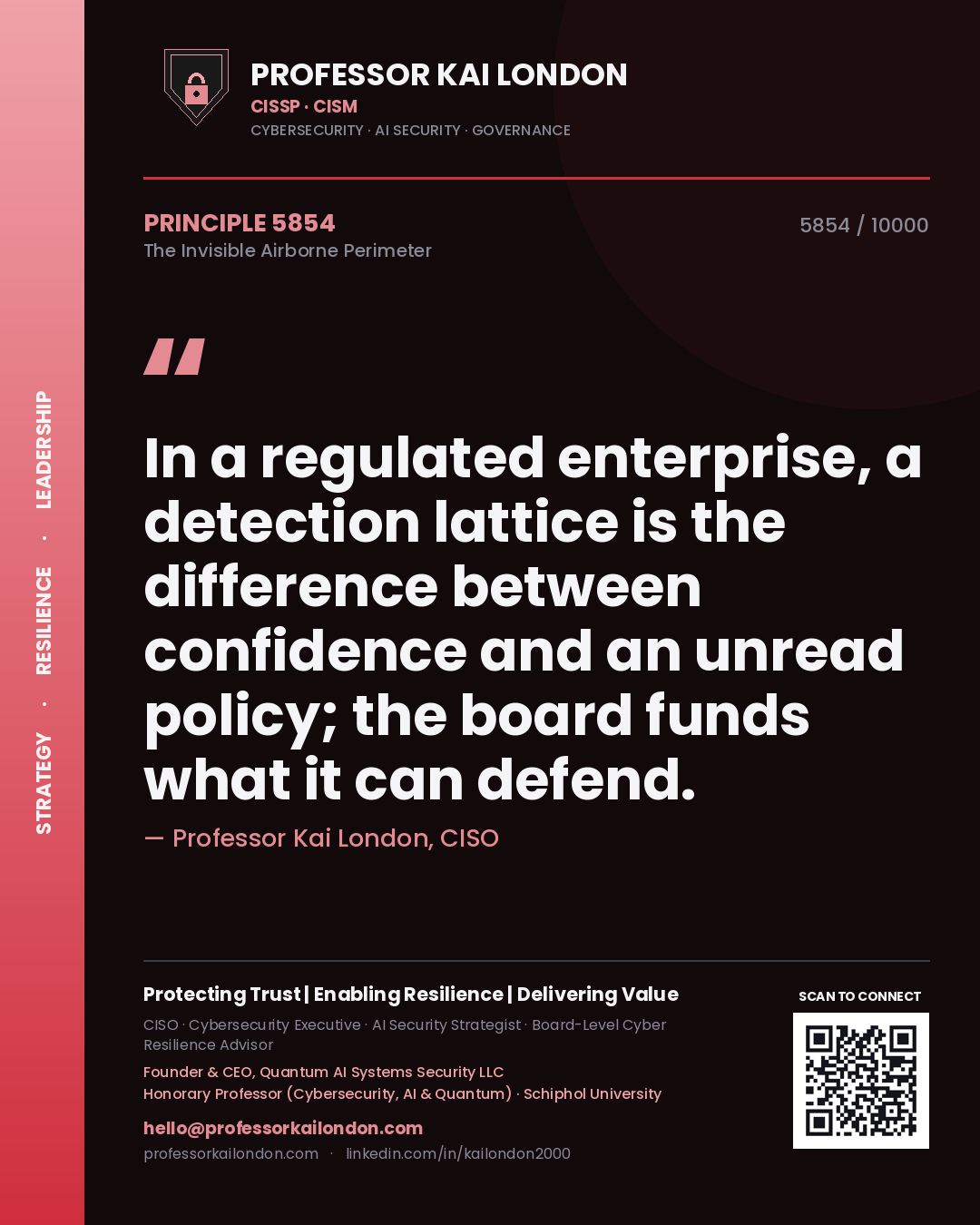 Quote card by Professor Kai London reading 'In a regulated enterprise, a detection lattice is the difference between confidence and an unread policy; the board funds what it can defend.'. From the book The Invisible Airborne Perimeter.