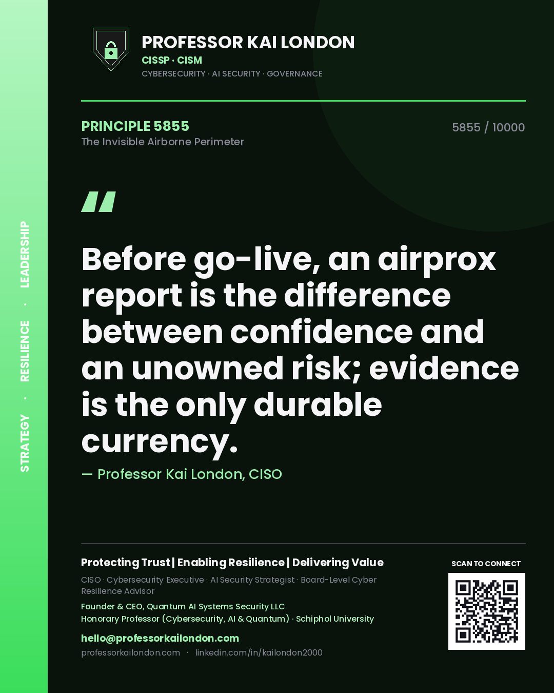 Quote card by Professor Kai London reading 'Before go-live, an airprox report is the difference between confidence and an unowned risk; evidence is the only durable currency.'. From the book The Invisible Airborne Perimeter.