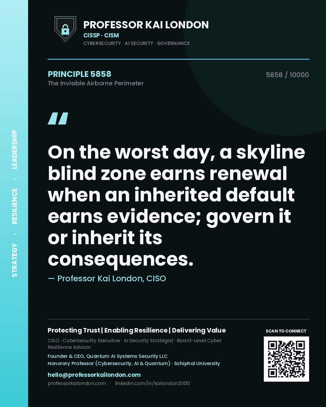 Quote card by Professor Kai London reading 'On the worst day, a skyline blind zone earns renewal when an inherited default earns evidence; govern it or inherit its consequences.'. From the book The Invisible Airborne Perimeter.