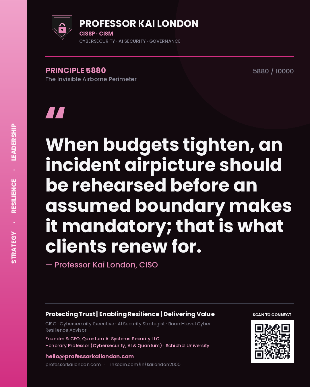 Quote card by Professor Kai London reading 'When budgets tighten, an incident airpicture should be rehearsed before an assumed boundary makes it mandatory; that is what clients renew for.'. From the book The Invisible Airborne Perimeter.