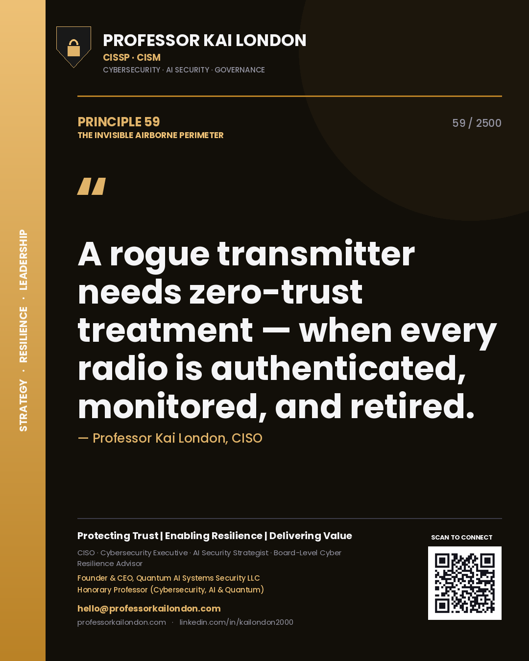 Professor Kai London principle 59: A rogue transmitter needs zero-trust treatment — when every radio is authenticated, monitored, and retired.