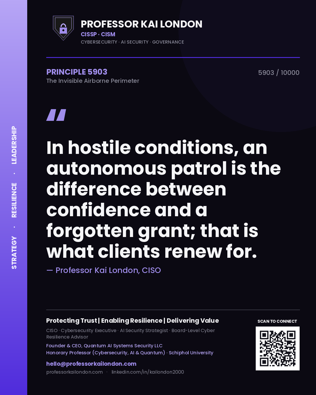 Quote card by Professor Kai London reading 'In hostile conditions, an autonomous patrol is the difference between confidence and a forgotten grant; that is what clients renew for.'. From the book The Invisible Airborne Perimeter.