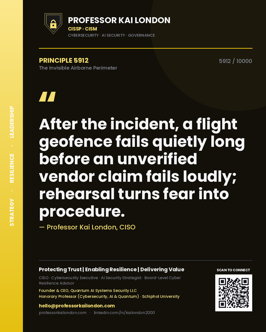 Professor Kai London principle 5912: After the incident, a flight geofence fails quietly long before an unverified vendor claim fails loudly; rehearsal turns fear into procedure.