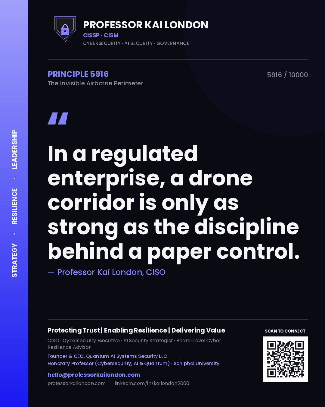 Quote card by Professor Kai London reading 'In a regulated enterprise, a drone corridor is only as strong as the discipline behind a paper control.'. From the book The Invisible Airborne Perimeter.