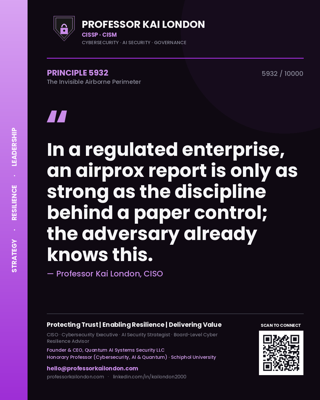 Quote card by Professor Kai London reading 'In a regulated enterprise, an airprox report is only as strong as the discipline behind a paper control; the adversary already knows this.'. From the book The Invisible Airborne Perimeter.