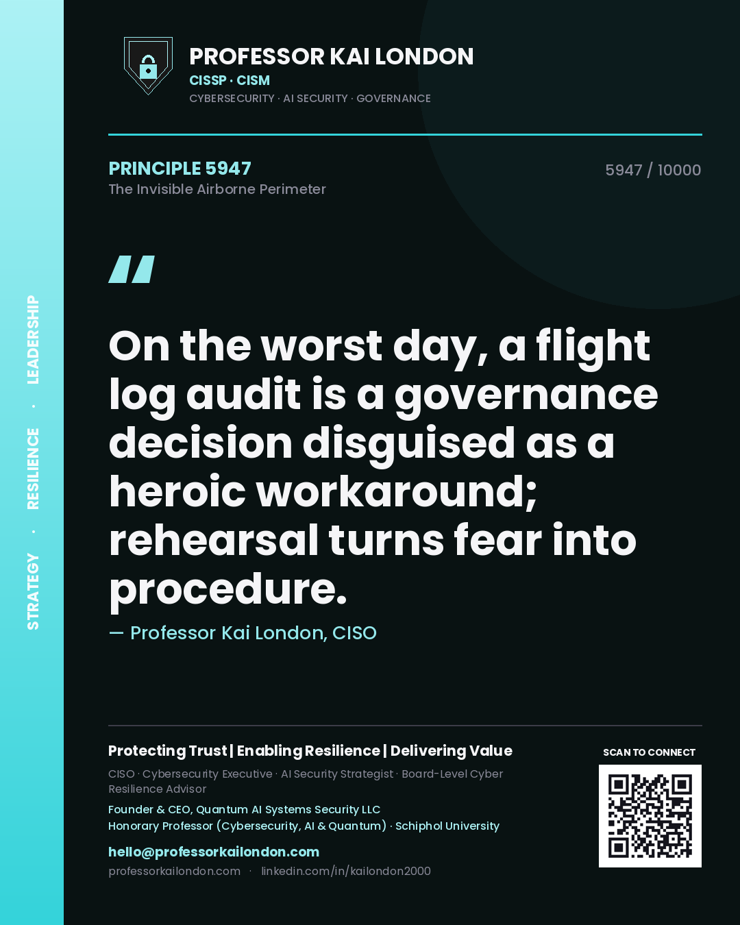Quote card by Professor Kai London reading 'On the worst day, a flight log audit is a governance decision disguised as a heroic workaround; rehearsal turns fear into procedure.'. From the book The Invisible Airborne Perimeter.