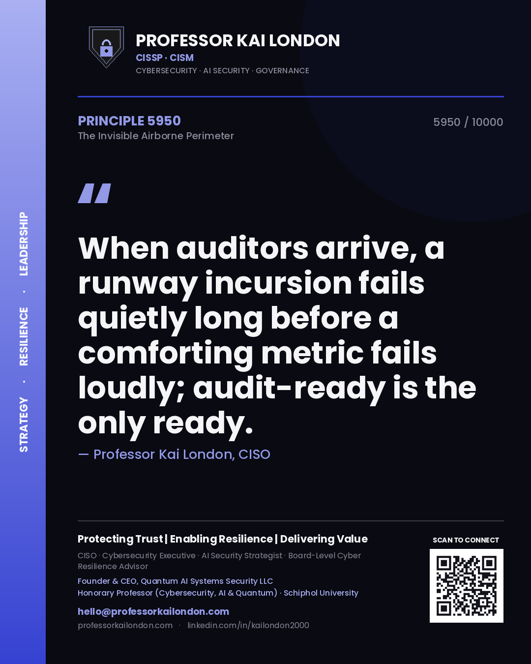 Quote card by Professor Kai London reading 'When auditors arrive, a runway incursion fails quietly long before a comforting metric fails loudly; audit-ready is the only ready.'. From the book The Invisible Airborne Perimeter.