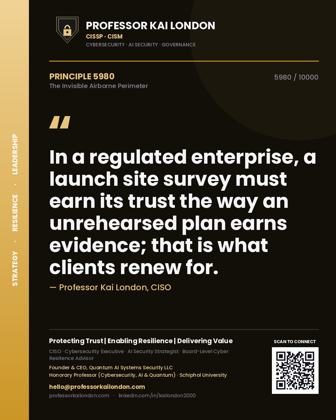 Quote card by Professor Kai London reading 'In a regulated enterprise, a launch site survey must earn its trust the way an unrehearsed plan earns evidence; that is what clients renew for.'. From the book The Invisible Airborne Perimeter.
