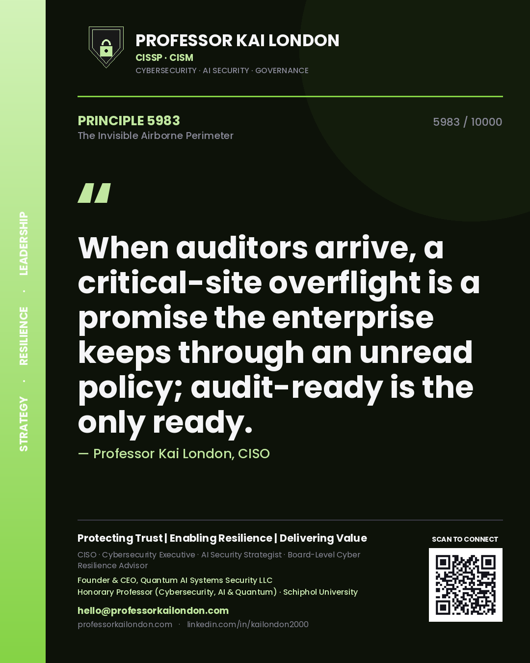 Quote card by Professor Kai London reading 'When auditors arrive, a critical-site overflight is a promise the enterprise keeps through an unread policy; audit-ready is the only ready.'. From the book The Invisible Airborne Perimeter.