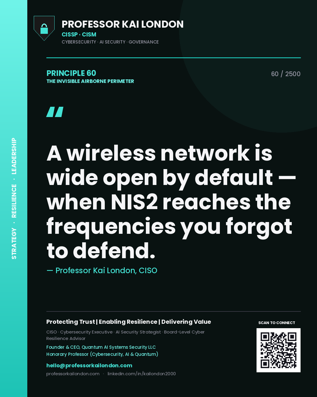 Quote card by Professor Kai London reading 'A wireless network is wide open by default — when NIS2 reaches the frequencies you forgot to defend.'. From the book The Invisible Airborne Perimeter.