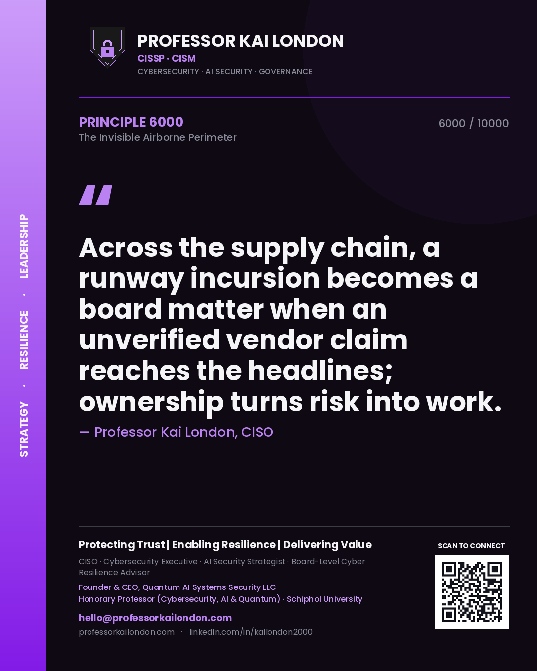 Quote card by Professor Kai London reading 'Across the supply chain, a runway incursion becomes a board matter when an unverified vendor claim reaches the headlines; ownership turns risk into work.'. From the book The Invisible Airborne Perimeter.