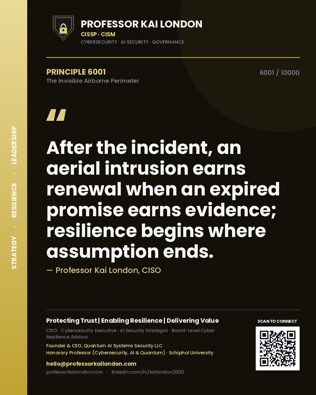 Professor Kai London principle 6001: After the incident, an aerial intrusion earns renewal when an expired promise earns evidence; resilience begins where assumption ends.