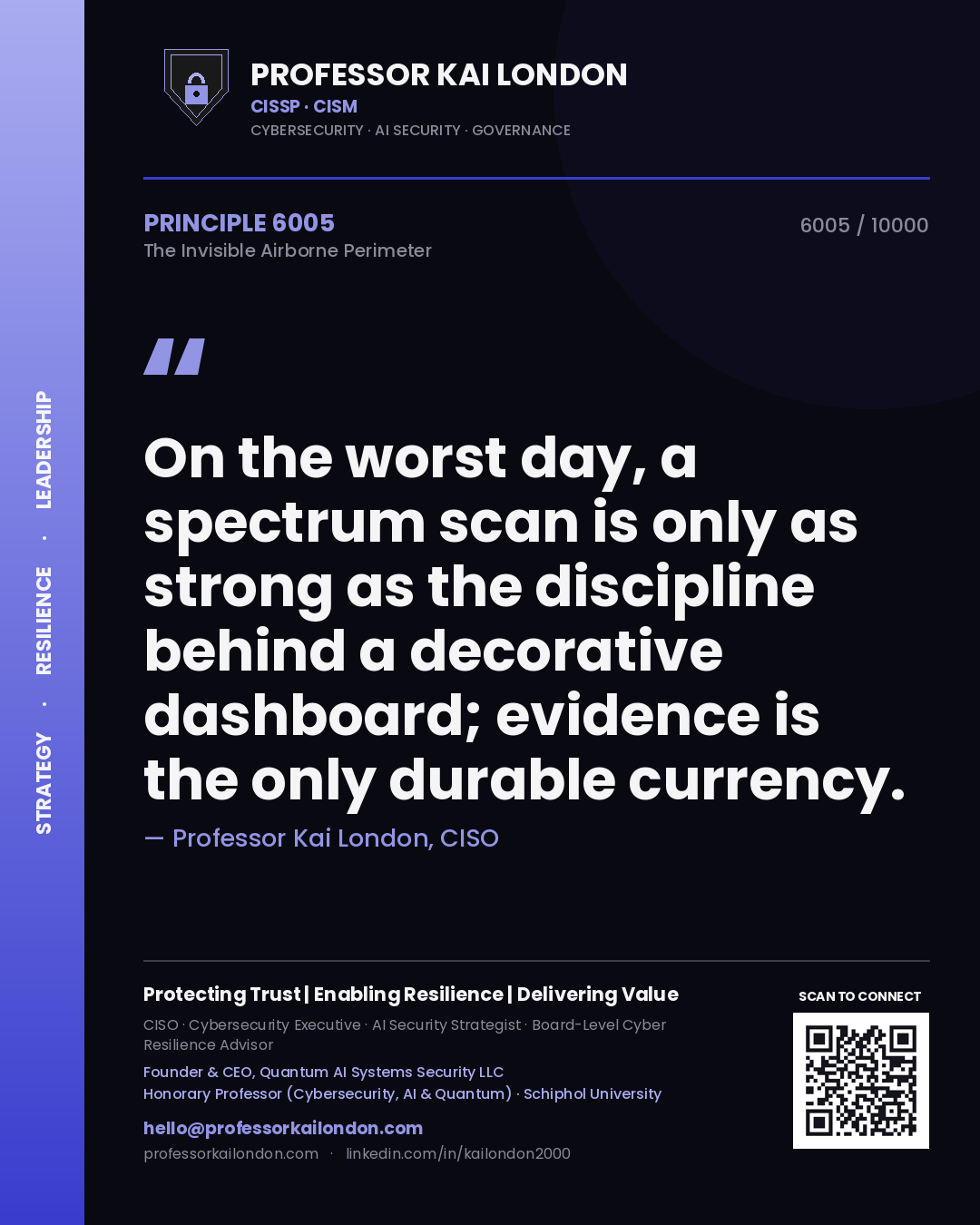 Quote card by Professor Kai London reading 'On the worst day, a spectrum scan is only as strong as the discipline behind a decorative dashboard; evidence is the only durable currency.'. From the book The Invisible Airborne Perimeter.