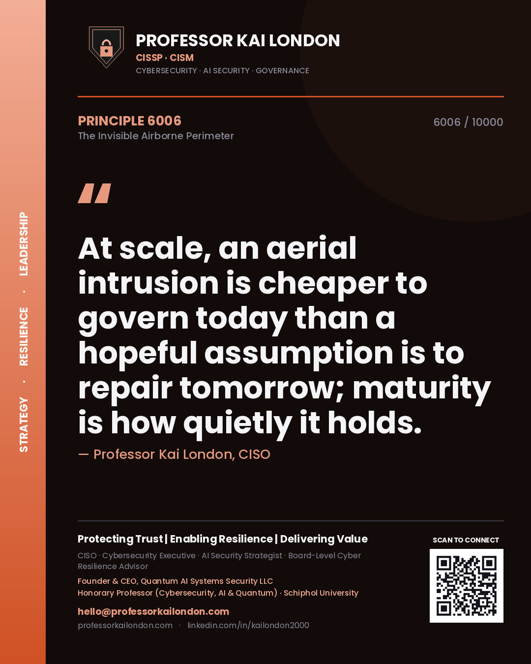 Quote card by Professor Kai London reading 'At scale, an aerial intrusion is cheaper to govern today than a hopeful assumption is to repair tomorrow; maturity is how quietly it holds.'. From the book The Invisible Airborne Perimeter.