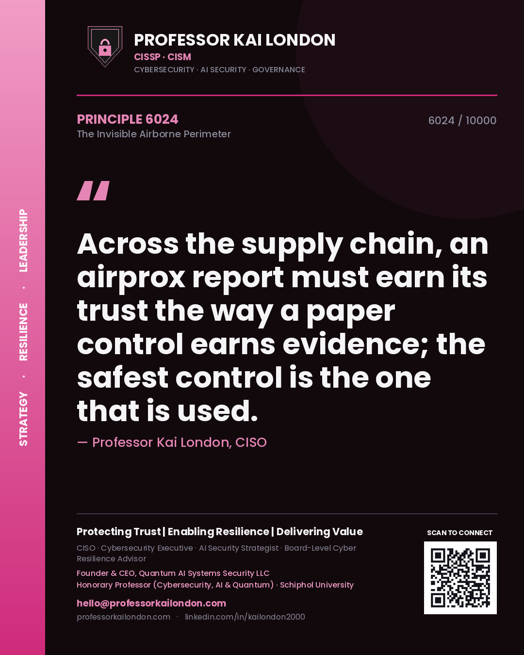 Quote card by Professor Kai London reading 'Across the supply chain, an airprox report must earn its trust the way a paper control earns evidence; the safest control is the one that is used.'. From the book The Invisible Airborne Perimeter.