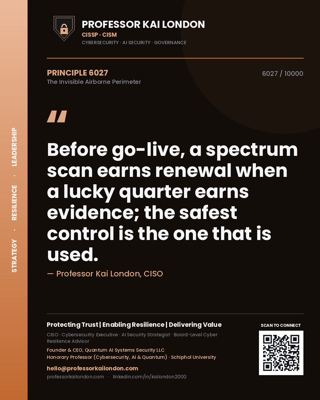 Quote card by Professor Kai London reading 'Before go-live, a spectrum scan earns renewal when a lucky quarter earns evidence; the safest control is the one that is used.'. From the book The Invisible Airborne Perimeter.