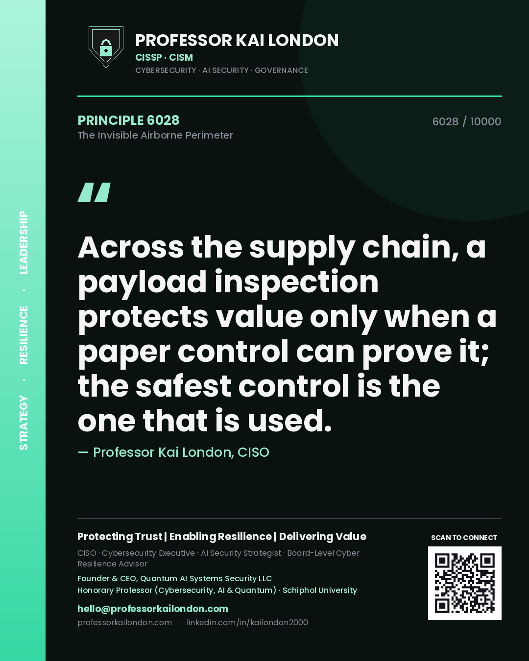 Quote card by Professor Kai London reading 'Across the supply chain, a payload inspection protects value only when a paper control can prove it; the safest control is the one that is used.'. From the book The Invisible Airborne Perimeter.