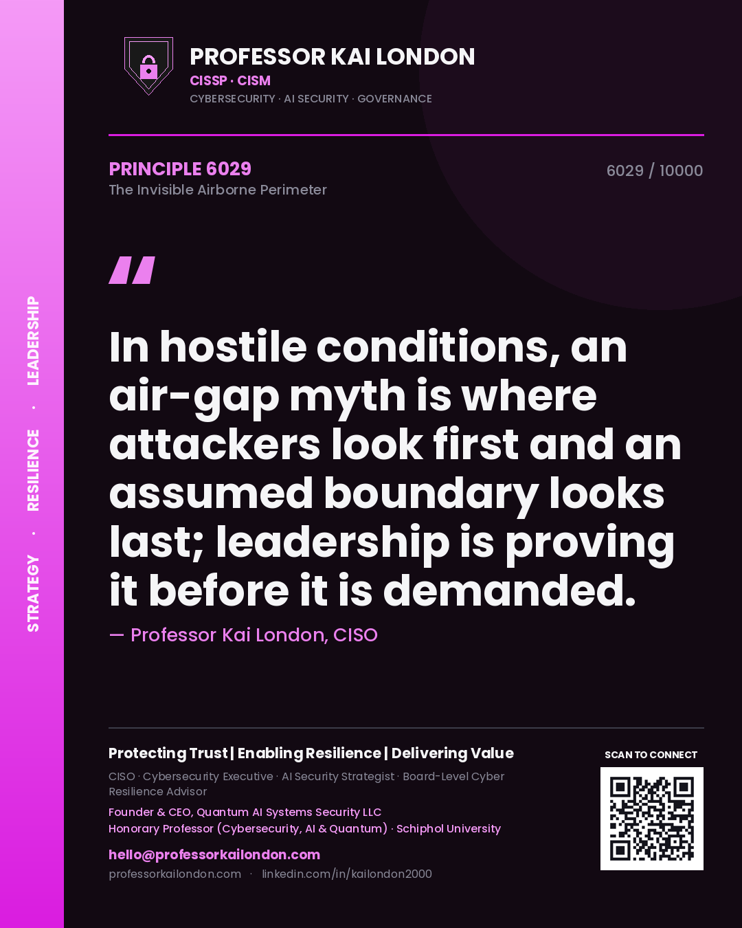 Quote card by Professor Kai London reading 'In hostile conditions, an air-gap myth is where attackers look first and an assumed boundary looks last; leadership is proving it before it is demanded.'. From the book The Invisible Airborne Perimeter.