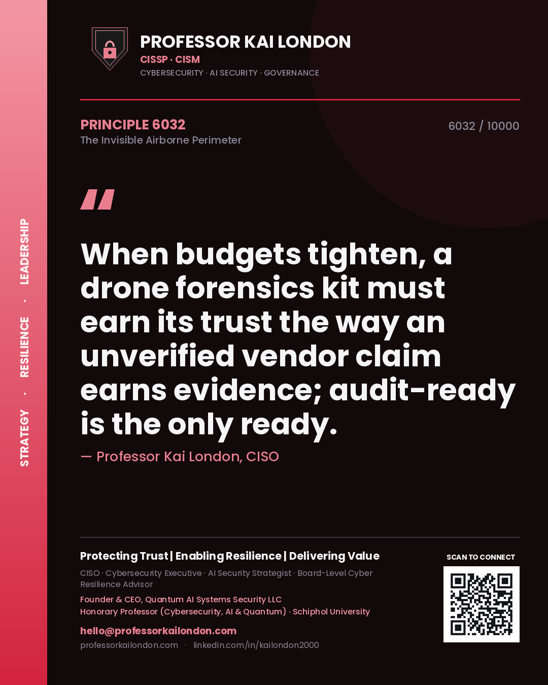 Quote card by Professor Kai London reading 'When budgets tighten, a drone forensics kit must earn its trust the way an unverified vendor claim earns evidence; audit-ready is the only ready.'. From the book The Invisible Airborne Perimeter.